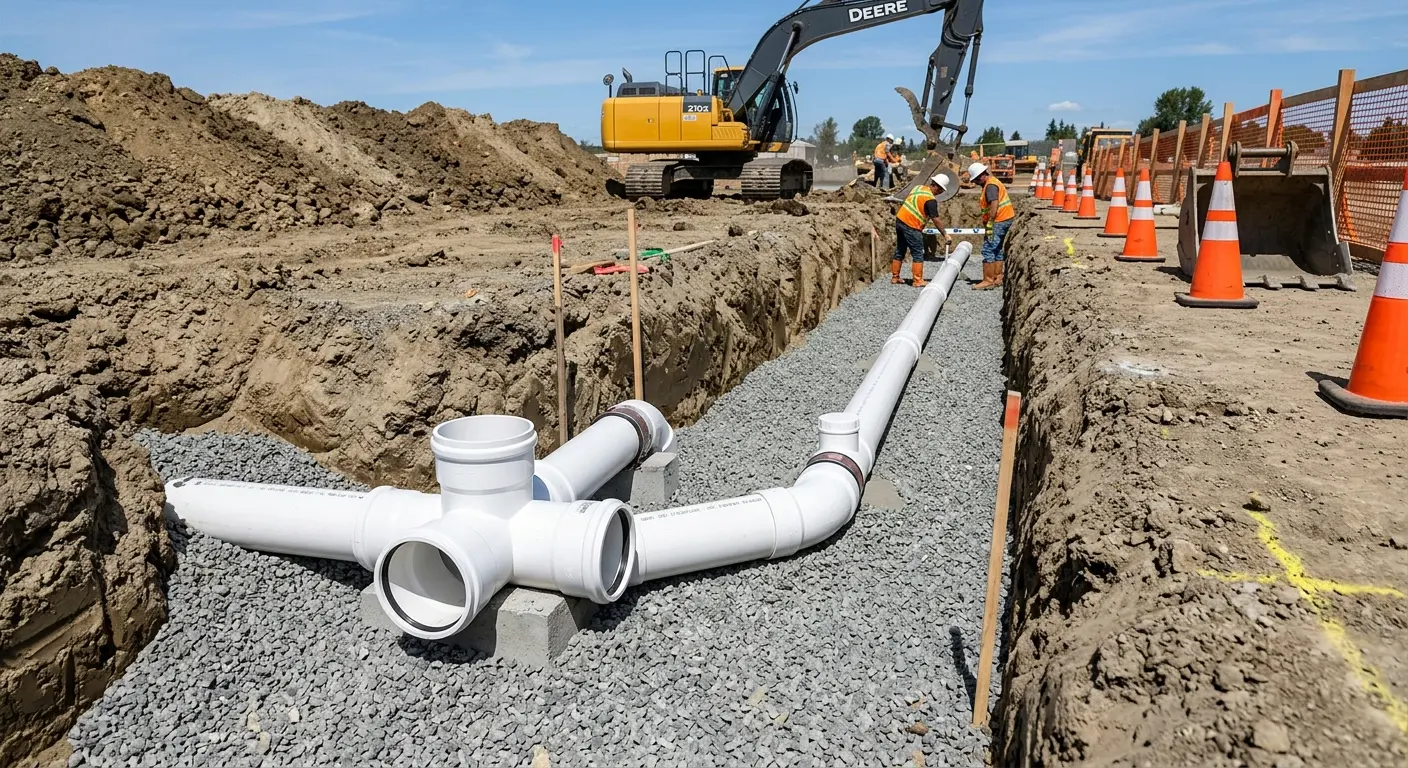 New PVC sewer pipe installation in open trench for Sewer Camera Inspection in La Crescent