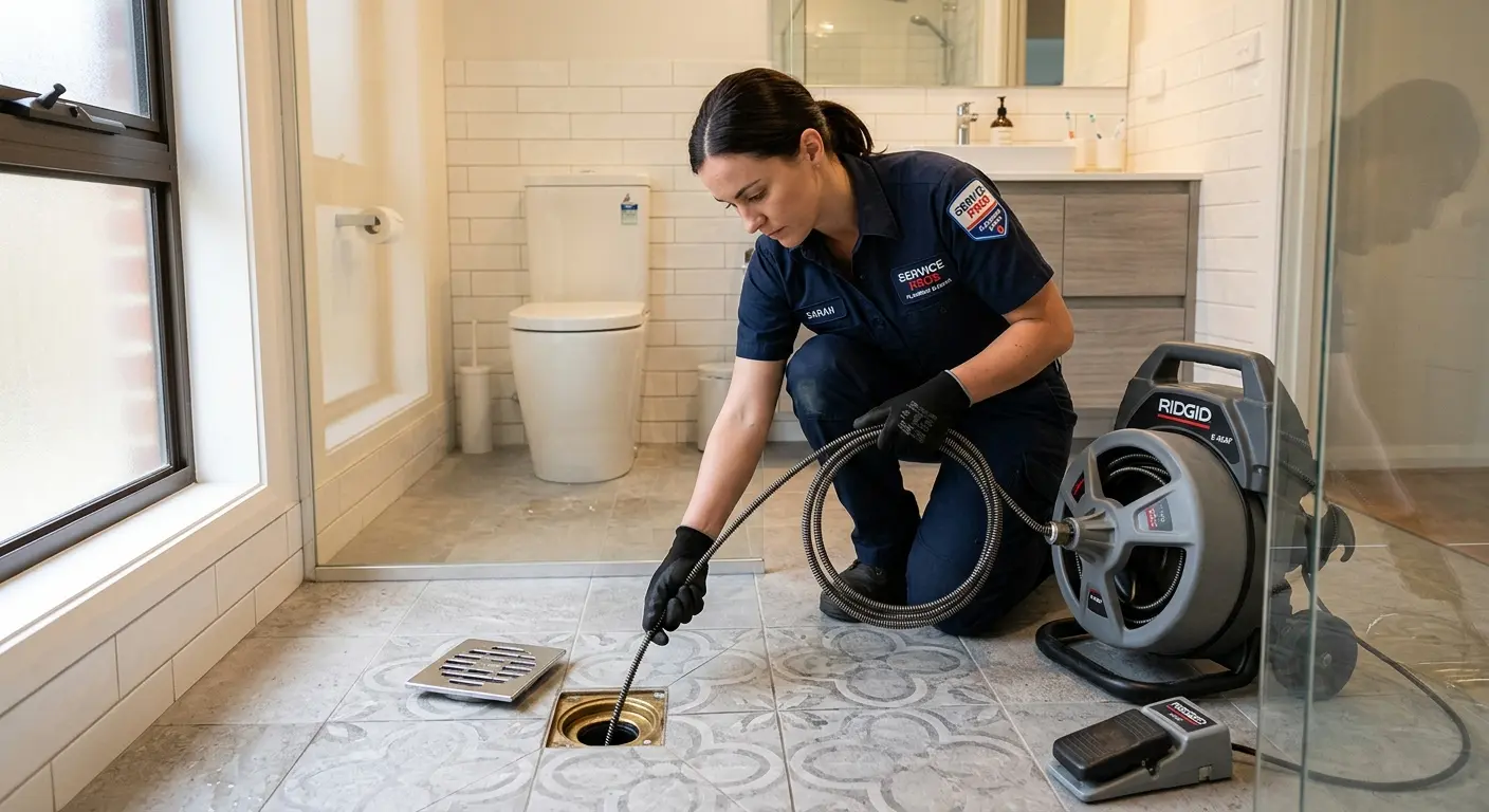 Technician clearing a bathroom floor drain for Drain Repair in La Crescent
